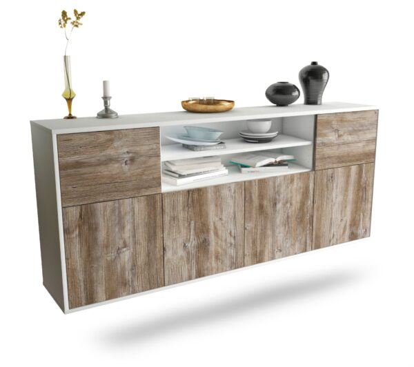 Sideboard Cedar Rapids | hängend | Korpus Weiß | Front in Treibholz Holz Optik | 180x79x35cm (BxHxT)