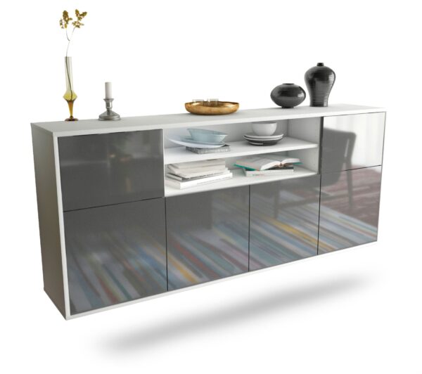Sideboard Cedar Rapids | hängend | Korpus Weiß | Front in Hochglanz Grau | 180x79x35cm (BxHxT)
