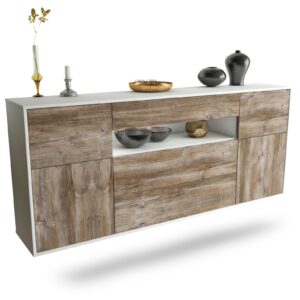 Sideboard Elizabeth | hängend | Korpus Weiß | Front in Treibholz Holz Optik | 180x79x35cm (BxHxT)