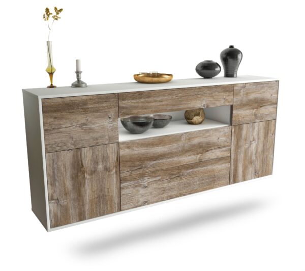 Sideboard Elizabeth | hängend | Korpus Weiß | Front in Treibholz Holz Optik | 180x79x35cm (BxHxT)