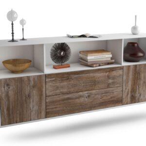 Sideboard Hartford | hängend | Korpus Weiß | Front in Treibholz Holz Optik | 180x79x35cm (BxHxT)