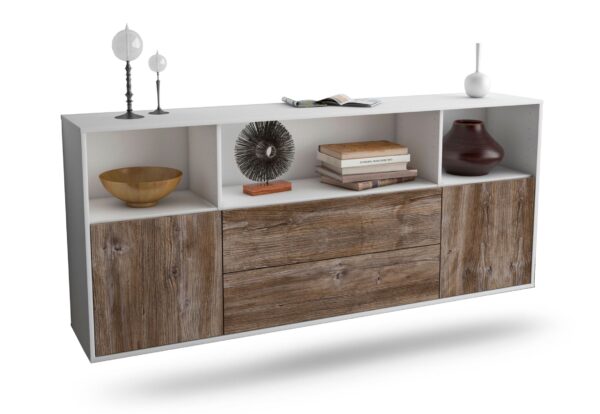 Sideboard Hartford | hängend | Korpus Weiß | Front in Treibholz Holz Optik | 180x79x35cm (BxHxT)