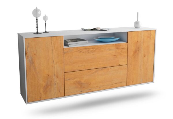 Sideboard Thousand Oaks | hängend | Korpus Weiß | Front in Eiche Holz Optik | 180x79x35cm (BxHxT)