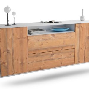 Sideboard Thousand Oaks | hängend | Korpus Weiß | Front in Pinie Holz Optik | 180x79x35cm (BxHxT)