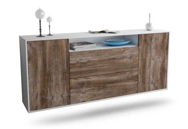 Sideboard Thousand Oaks | hängend | Korpus Weiß | Front in Treibholz Holz Optik | 180x79x35cm (BxHxT)