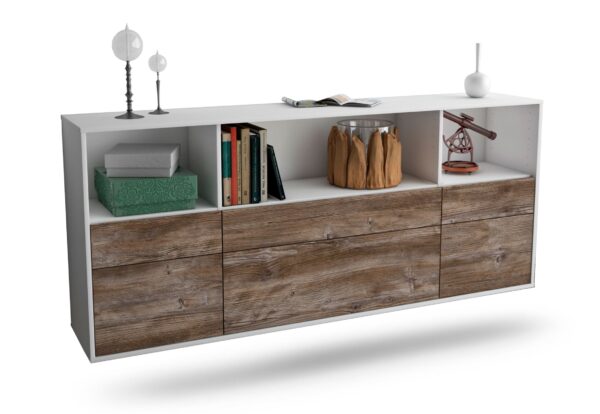 Sideboard Cary | hängend | Korpus Weiß | Front in Treibholz Holz Optik | 180x79x35cm (BxHxT)