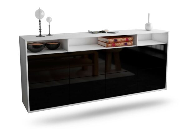 Sideboard Concord | hängend | Korpus Weiß | Front in Hochglanz Schwarz | 180x79x35cm (BxHxT)