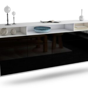 Sideboard Simi Valley | hängend | Korpus Weiß | Front in Hochglanz Schwarz | 180x79x35cm (BxHxT)