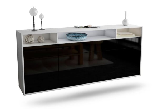Sideboard Simi Valley | hängend | Korpus Weiß | Front in Hochglanz Schwarz | 180x79x35cm (BxHxT)