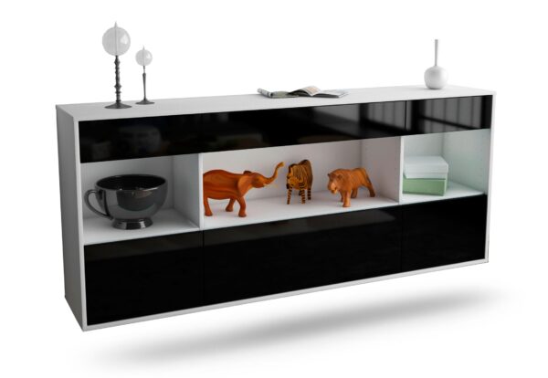 Sideboard Clarksville | hängend | Korpus Weiß | Front in Hochglanz Schwarz | 180x79x35cm (BxHxT)