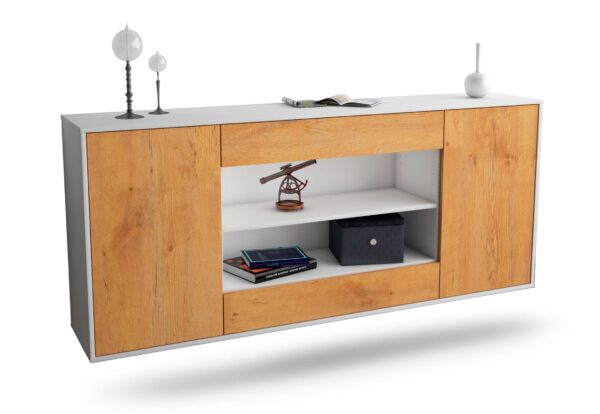 Sideboard Olathe | hängend | Korpus Weiß | Front in Eiche Holz Optik | 180x79x35cm (BxHxT)