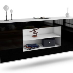Sideboard Olathe | hängend | Korpus Weiß | Front in Hochglanz Schwarz | 180x79x35cm (BxHxT)