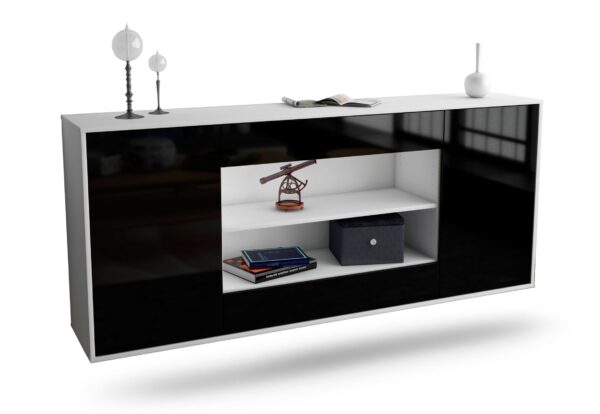 Sideboard Olathe | hängend | Korpus Weiß | Front in Hochglanz Schwarz | 180x79x35cm (BxHxT)