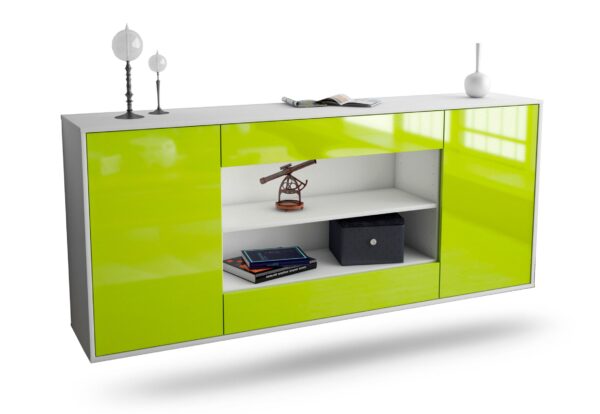Sideboard Olathe | hängend | Korpus Weiß | Front in Hochglanz Grün | 180x79x35cm (BxHxT)