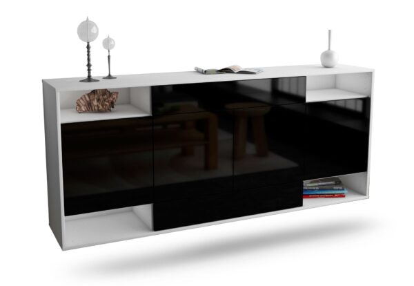 Sideboard Evansville | hängend | Korpus Weiß | Front in Hochglanz Schwarz | 180x79x35cm (BxHxT)