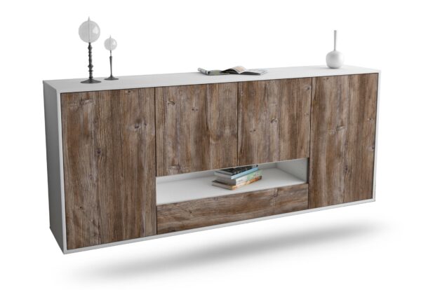 Sideboard Abilene | hängend | Korpus Weiß | Front in Treibholz Holz Optik | 180x79x35cm (BxHxT)