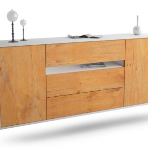 Sideboard McKinney | hängend | Korpus Weiß | Front in Eiche Holz Optik | 180x79x35cm (BxHxT)