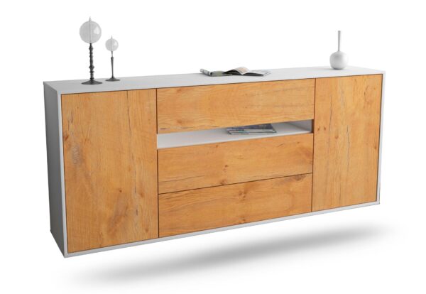 Sideboard McKinney | hängend | Korpus Weiß | Front in Eiche Holz Optik | 180x79x35cm (BxHxT)