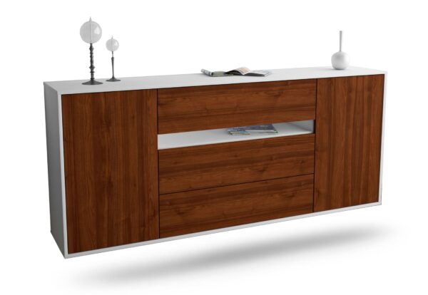 Sideboard McKinney | hängend | Korpus Weiß | Front in Walnuss Holz Optik | 180x79x35cm (BxHxT)