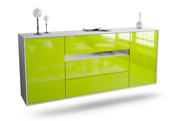 Sideboard McKinney | hängend | Korpus Weiß | Front in Hochglanz Grün | 180x79x35cm (BxHxT)