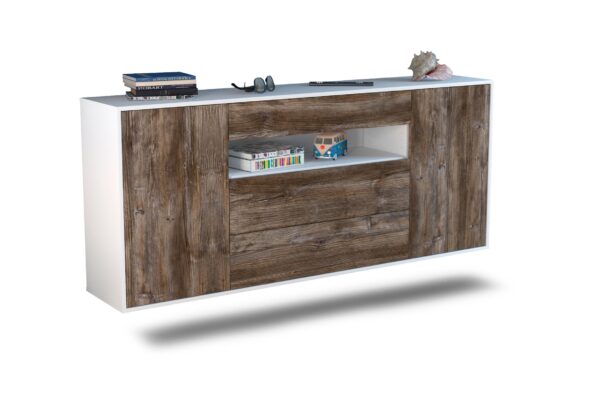 Sideboard Vallejo | hängend | Korpus Weiß | Front in Treibholz Holz Optik | 180x79x35cm (BxHxT)