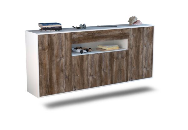 Sideboard Lansing | hängend | Korpus Weiß | Front in Treibholz Holz Optik | 180x79x35cm (BxHxT)