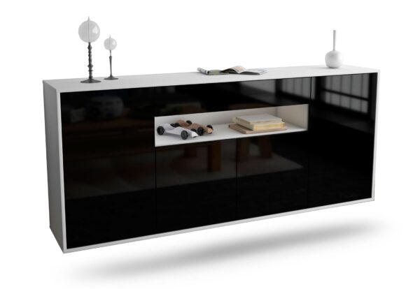 Sideboard Lansing | hängend | Korpus Weiß | Front in Hochglanz Schwarz | 180x79x35cm (BxHxT)