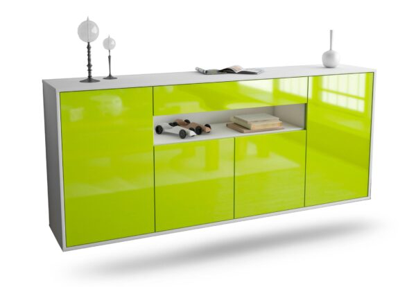 Sideboard Lansing | hängend | Korpus Weiß | Front in Hochglanz Grün | 180x79x35cm (BxHxT)