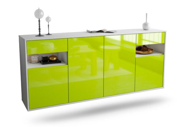 Sideboard Killeen | hängend | Korpus Weiß | Front in Hochglanz Grün | 180x79x35cm (BxHxT)
