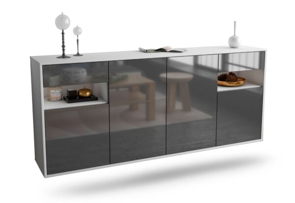 Sideboard Killeen | hängend | Korpus Weiß | Front in Hochglanz Grau | 180x79x35cm (BxHxT)
