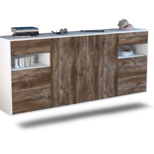 Sideboard Thornton | hängend | Korpus Weiß | Front in Treibholz Holz Optik | 180x79x35cm (BxHxT)