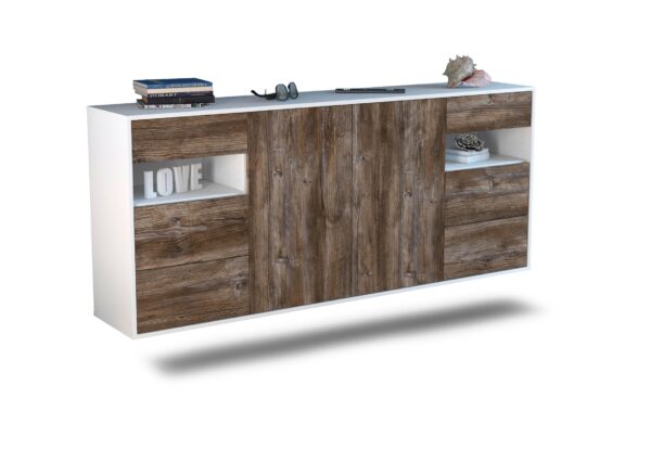 Sideboard Thornton | hängend | Korpus Weiß | Front in Treibholz Holz Optik | 180x79x35cm (BxHxT)