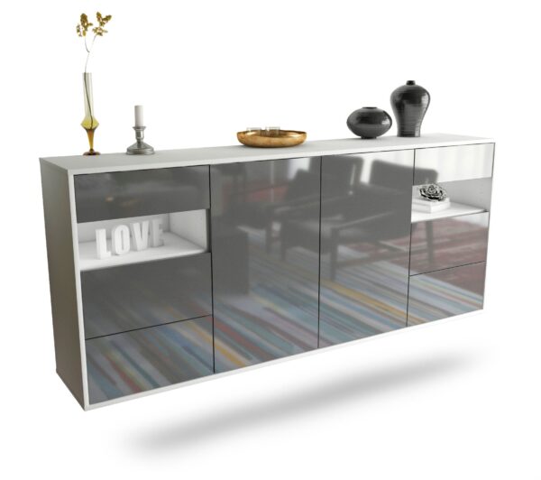 Sideboard Thornton | hängend | Korpus Weiß | Front in Hochglanz Grau | 180x79x35cm (BxHxT)