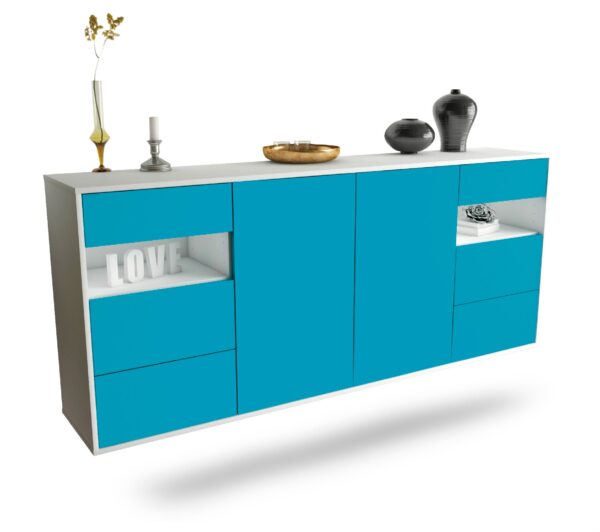 Sideboard Thornton | hängend | Korpus Weiß | Front in Türkis | 180x79x35cm (BxHxT)