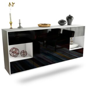 Sideboard Santa Clara | hängend | Korpus Weiß | Front in Hochglanz Schwarz | 180x79x35cm (BxHxT)