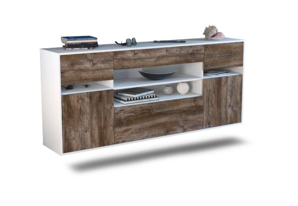 Sideboard Miramar | hängend | Korpus Weiß | Front in Treibholz Holz Optik | 180x79x35cm (BxHxT)
