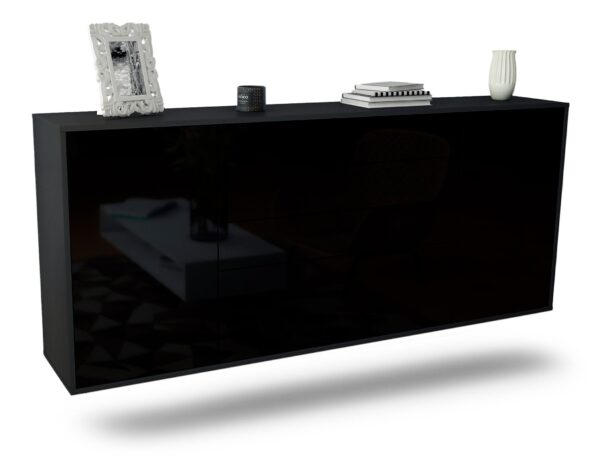 Sideboard Alexandria | hängend | Korpus Anthrazit | Front in Hochglanz Schwarz | 180x79x35cm (BxHxT)