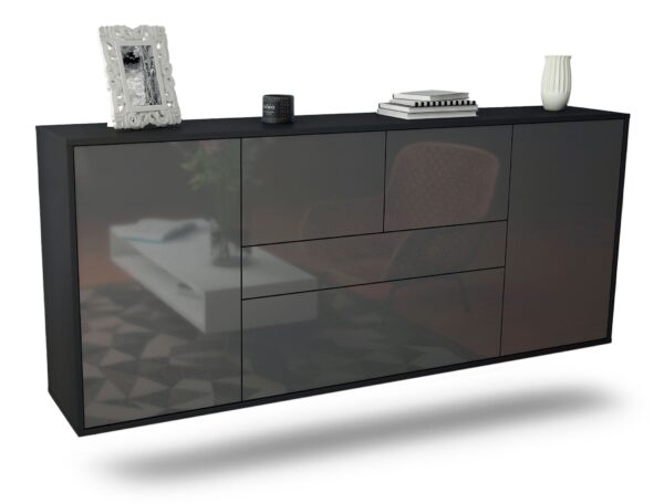 Sideboard Orange | hängend | Korpus Anthrazit | Front in Hochglanz Grau | 180x79x35cm (BxHxT)