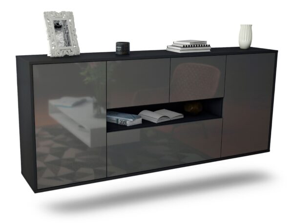 Sideboard Warren | hängend | Korpus Anthrazit | Front in Hochglanz Grau | 180x79x35cm (BxHxT)