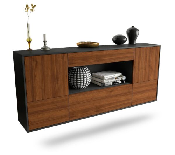 Sideboard East Los Angeles | hängend | Korpus Anthrazit | Front in Walnuss Holz Optik | 180x79x35cm (BxHxT)