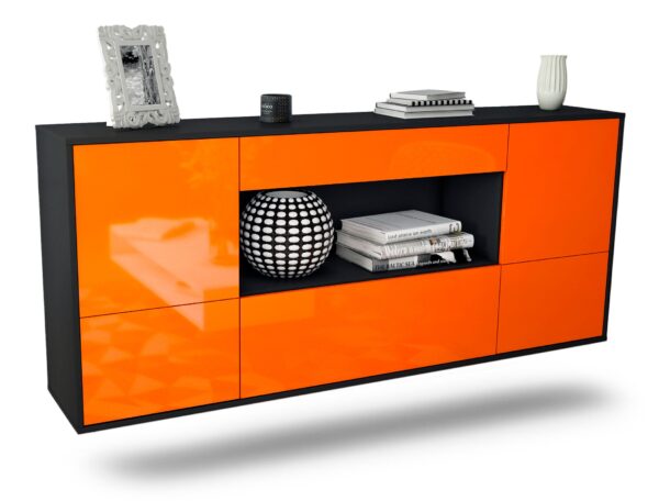 Sideboard East Los Angeles | hängend | Korpus Anthrazit | Front in Hochglanz Orange | 180x79x35cm (BxHxT)