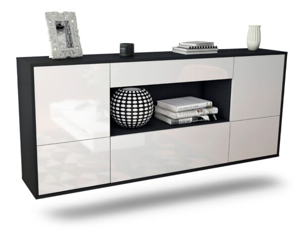 Sideboard East Los Angeles | hängend | Korpus Anthrazit | Front in Hochglanz Weiß | 180x79x35cm (BxHxT)