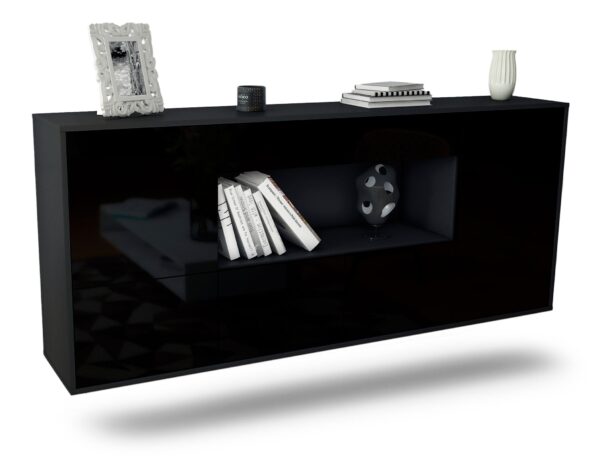 Sideboard Fullerton | hängend | Korpus Anthrazit | Front in Hochglanz Schwarz | 180x79x35cm (BxHxT)