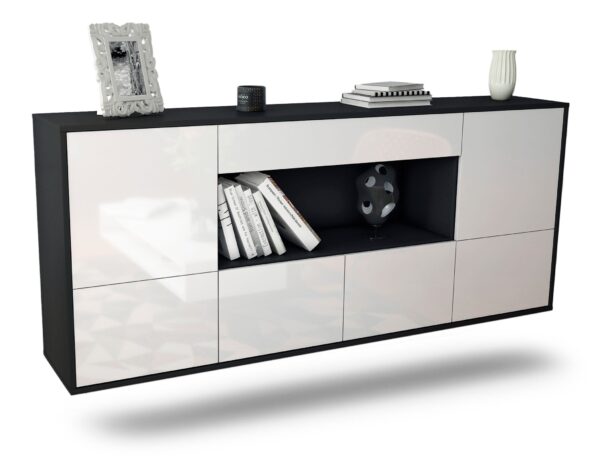 Sideboard Fullerton | hängend | Korpus Anthrazit | Front in Hochglanz Weiß | 180x79x35cm (BxHxT)