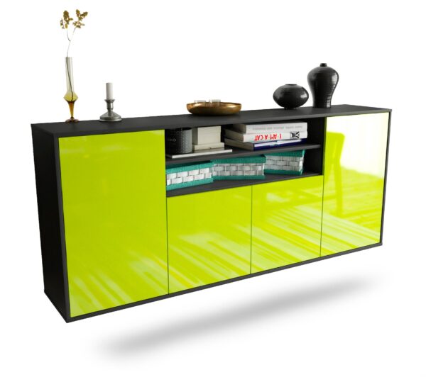 Sideboard Mesquite | hängend | Korpus Anthrazit | Front in Hochglanz Grün | 180x79x35cm (BxHxT)