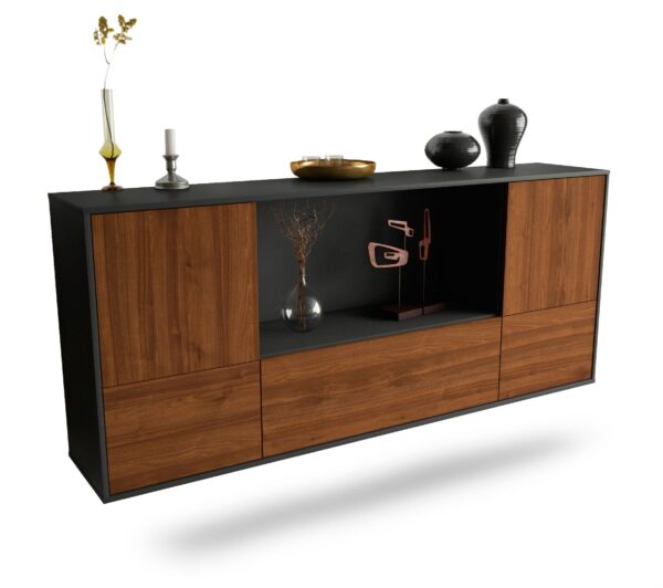 Sideboard Sunnyvale | hängend | Korpus Anthrazit | Front in Walnuss Holz Optik | 180x79x35cm (BxHxT)