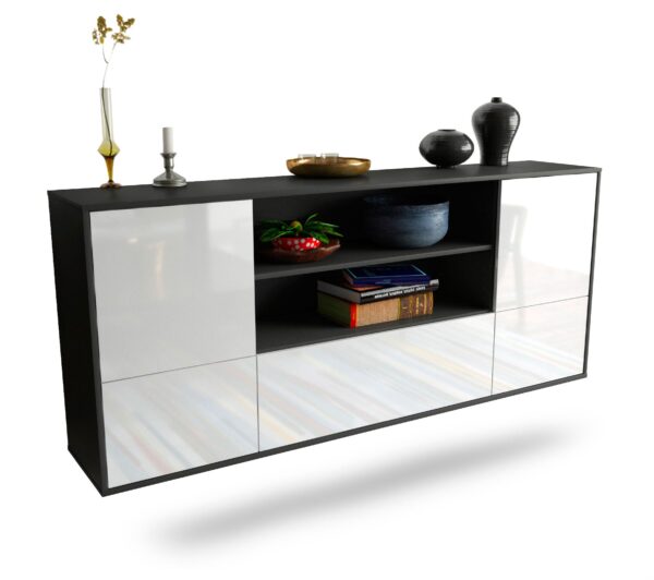 Sideboard Sterling Heights | hängend | Korpus Anthrazit | Front in Hochglanz Weiß | 180x79x35cm (BxHxT)