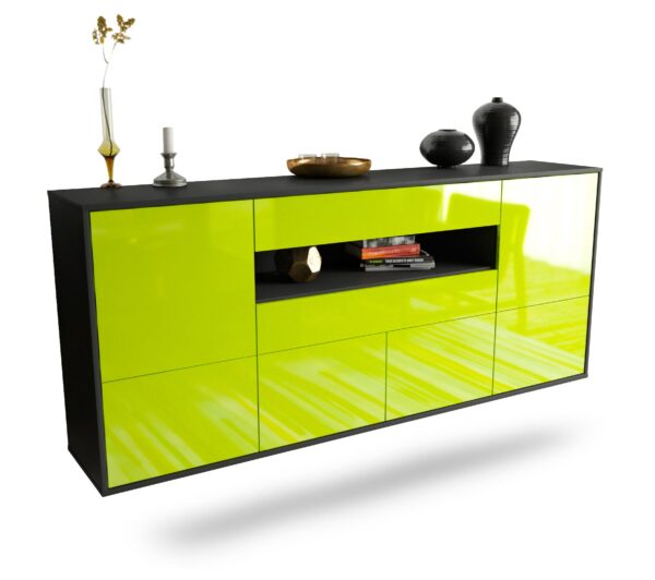 Sideboard McAllen | hängend | Korpus Anthrazit | Front in Hochglanz Grün | 180x79x35cm (BxHxT)