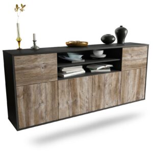 Sideboard Cedar Rapids | hängend | Korpus Anthrazit | Front in Treibholz Holz Optik | 180x79x35cm (BxHxT)
