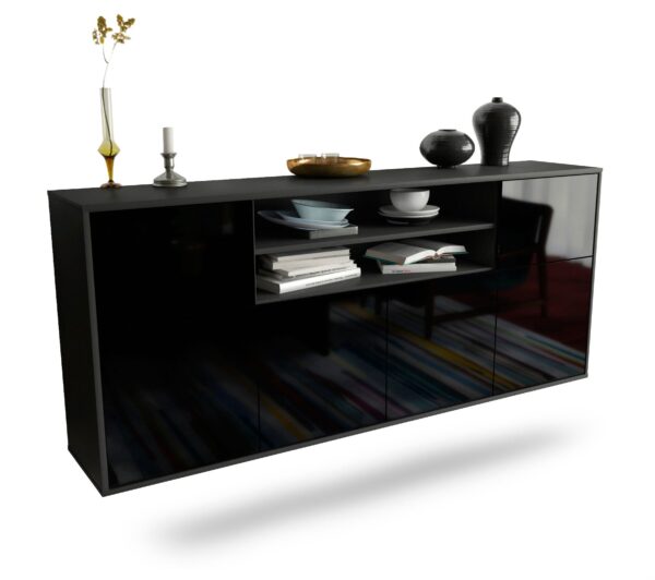Sideboard Cedar Rapids | hängend | Korpus Anthrazit | Front in Hochglanz Schwarz | 180x79x35cm (BxHxT)